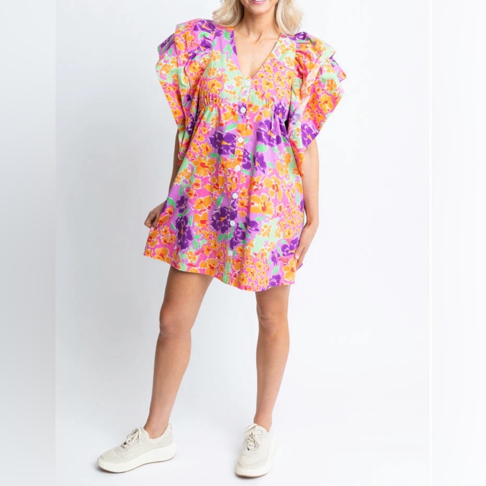 Karlie Floral V-Neck Ruffle Sleeve Mini Dress in Purple, Pink, Orange